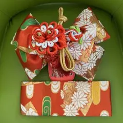 七五三 3歳 女の子 作り帯 結び帯 胴帯セット 赤 金 菊 花柄 和装 古典柄のサムネイル