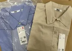 ユニクロ　コットンシャツ　ブルー＆オーバーサイズシャツ　ナチュラル　五分袖2点