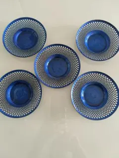 香蘭社 七宝焼茶托 藍色市松模様５枚セット 金属工芸品