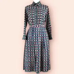 シャツワンピース ツーピース ロングスカート 花柄 紺 赤 L 昭和レトロ