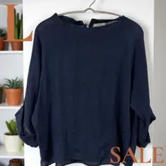 「即日発送」L ネイビーリネン ネイビー 長袖五分袖シャツ　カットソー