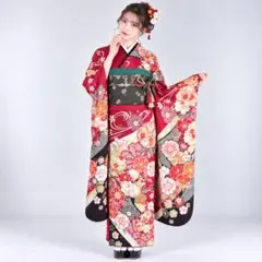 セット振袖 赤系 花柄 華やか 正絹