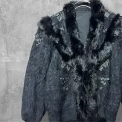 豪華フェイクファー ビーズ　ニット　モヘア風 シャギー カーディガン　昭和レトロ