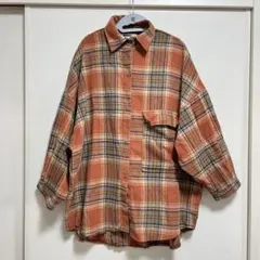 ビッグシルエット チェックシャツ 起毛 オレンジ ブラウン 長袖 チェック