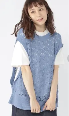 studio CLIP 5ゲージ透かし編みベスト　ブルー Ｆ