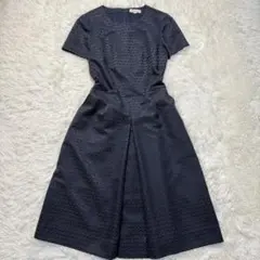 【美品】ポールスチュアート　花柄刺繍　半袖ワンピース　ジャガードワンピース　濃紺