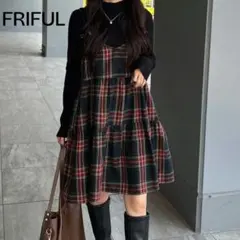 ワンピース レディース チェック 赤 Y2K 膝丈 ミニ レイヤード 古着