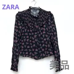 美品★ZARA 花柄シャーリングブラウス 薔薇柄長袖Sサイズ