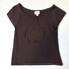 【美品】組曲 クミキョク 半袖リブニット ブラウン 2 M 透かし編み リボン