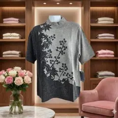 【新品タグ付】カシミヤ100% ハイネック 半袖ニット ビーズ グレー L