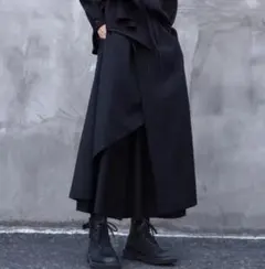 黒 ラップスタイル キュロット ミディ丈