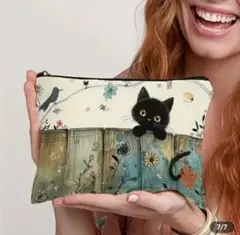 黒猫デザイン ポーチ 22cm x 18cm