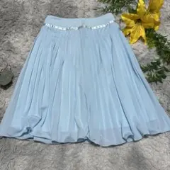 ミッシェルクラン 膝丈 プリーツスカート 水色 ライトブルー ラメ 光沢 36