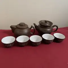 中国茶器セット 紫砂風 茶壺・急須2点 茶杯5客 落款あり