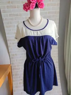 【美品】バイカラー チュニックワンピース 半袖 ネイビー×ホワイト Mサイズのサムネイル