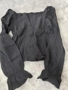 ジュノア オフショルダーブラウス しわ加工 シャーリング M 黒