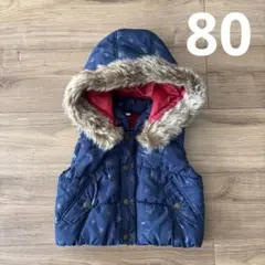 西松屋　ベビーベスト　80 ファー　フード付き　ネイビー　星柄　中綿