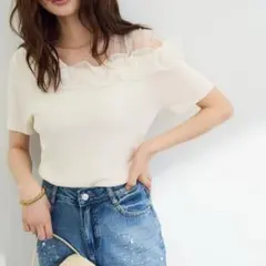 Arpege storyアルページュストーリー 2WAYレーシー半袖ニット 白 