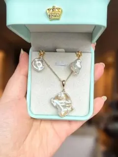 S【芸術的輝き】大粒花瓣真珠ペンダントトップ＆ピアスセット S925 18kGP