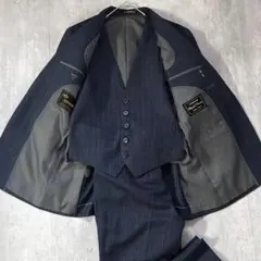 C901 良品 スーツ メンズ 上下 3点 ベスト付き A5 濃紺 ストライプ