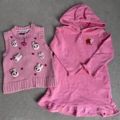 ミキハウス ウサギモチーフ ピンクベストとウサ耳フード付きワンピースセット