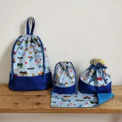 ハンドメイド☆入園入学4点セット　お気に入りはたらく車たち　ライトブルー