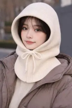 バラクラバ　白　フード付きネックウォーマー　ニット　フード