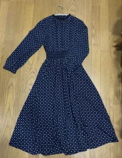 ネイビー ドット柄 長袖ワンピース