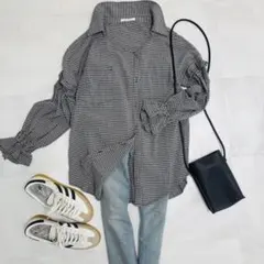 レディアゼル　フリル袖　ギンガムチェック　長袖シャツ