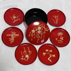 【美品】会津塗 本金蒔絵 菓子皿 6枚セット ケース付き 赤 紅 藤 桜 竹