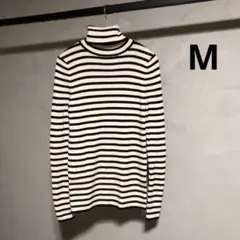 ユニクロ メリノリブタートルネックセーター ボーダー オフホワイト M