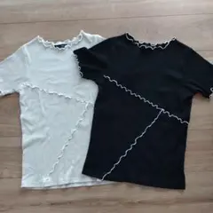 フリル付き半袖Tシャツ（ベージュ・ブラック）Мサイズ