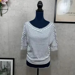 ELFORBR Tシャツ カットソー 七分 Vネック M ネイビー ボーダー