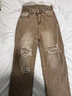 162㎝ デニム ブラウン ミディアムウォッシュ ベージュ ダメージデニムパンツ