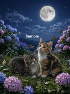 紫陽花と子猫 デジタルアート A4