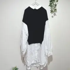 【コスパニ】ニットベストドッキング ロングシャツ　長袖　　 Fサイズ