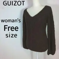 レディース　フリーサイズ　ニット　ブラウン　茶色　長袖　Vネック　秋服　冬服