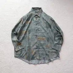 総柄シャツ 長袖 グリーン系 2XL 古着 レトロ 光沢感 上品