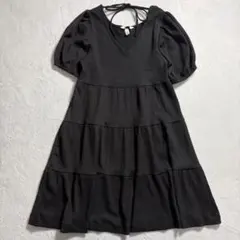 H&M/Vネックティアードワンピース/バックリボン/パフスリーブ/春夏/半袖