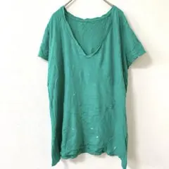 a new dayVネック Tシャツ XXL ターコイズ ダメージ・ペンキ加工風