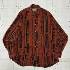 総柄デザインシャツ レトロ配色 エスニック調 L 古着