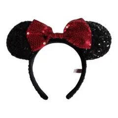 ミニーマウス耳カチューシャ 黒と赤 スパンコール