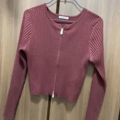ダブルジップリブニットクロップド丈ショート丈赤カーディガン