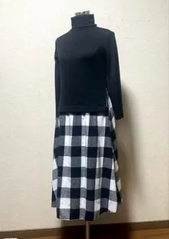 黒✖️チェック　ドッキング　ロングワンピース　タートルネック