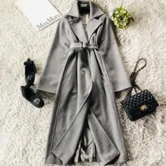 希少42✨未使用 マックスマーラ ベルテッドコート カシミヤ100% グレー