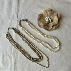パール風2連ネックレス・くすみピンクコサージュ等3点