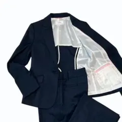 シルクカシミヤ混　ネイビー スーツ セットアップ パンツスーツ　ストライプ