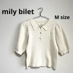 mily bilet胸刺繍ケーブルニットパフスリーブポロシャツ(半袖)