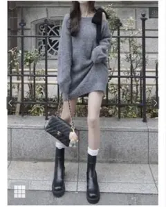 ワンショルダーベロアリボンニットミニワンピース[dr796]