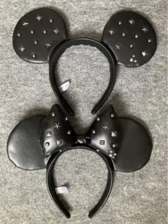 ディズニー　カチューシャ　ミッキー　ミニー　スタッズ　黒　レザー　ペア　セット